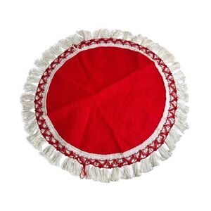 Vintage 70’s Red Felt Mini CHRISTMAS TREE Skirt White Fringe Macrame 18”